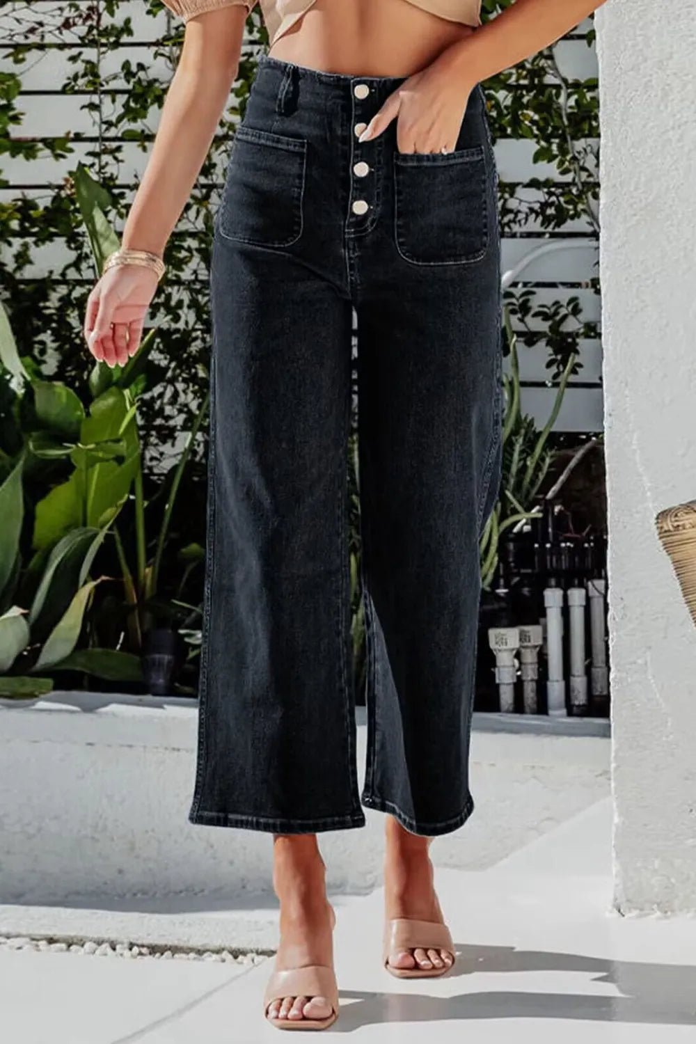 Button Fly Cropped Wide Leg Jeans - Lara Moda