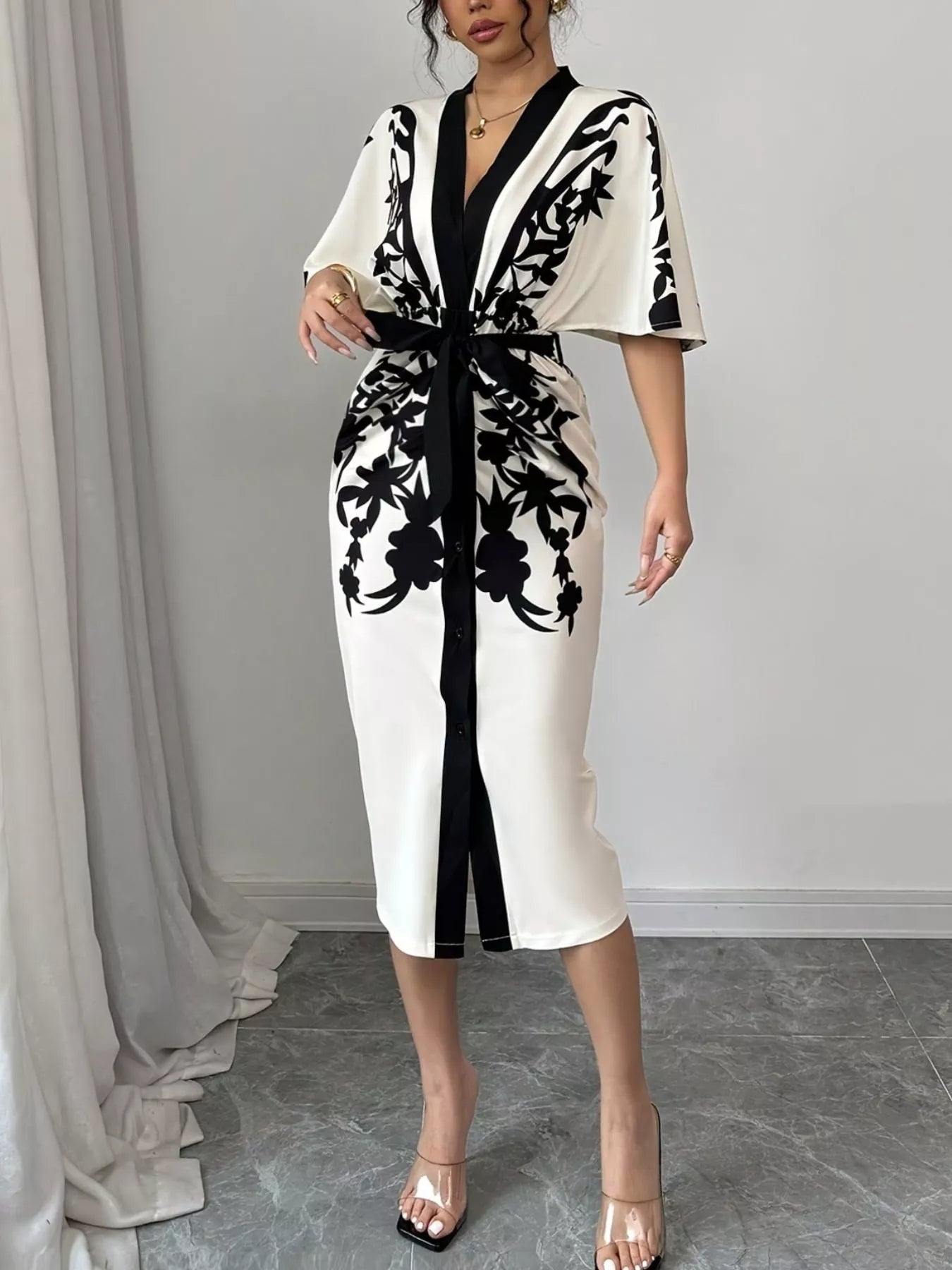 Button Front Half Sleeve Dress - Lara Moda