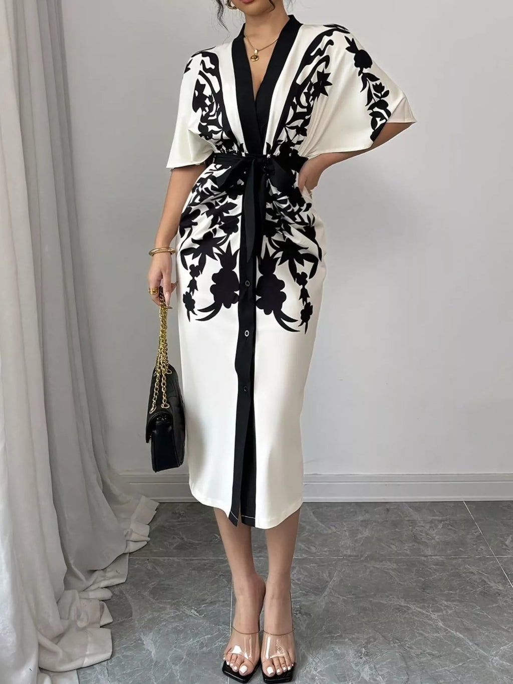 Button Front Half Sleeve Dress - Lara Moda