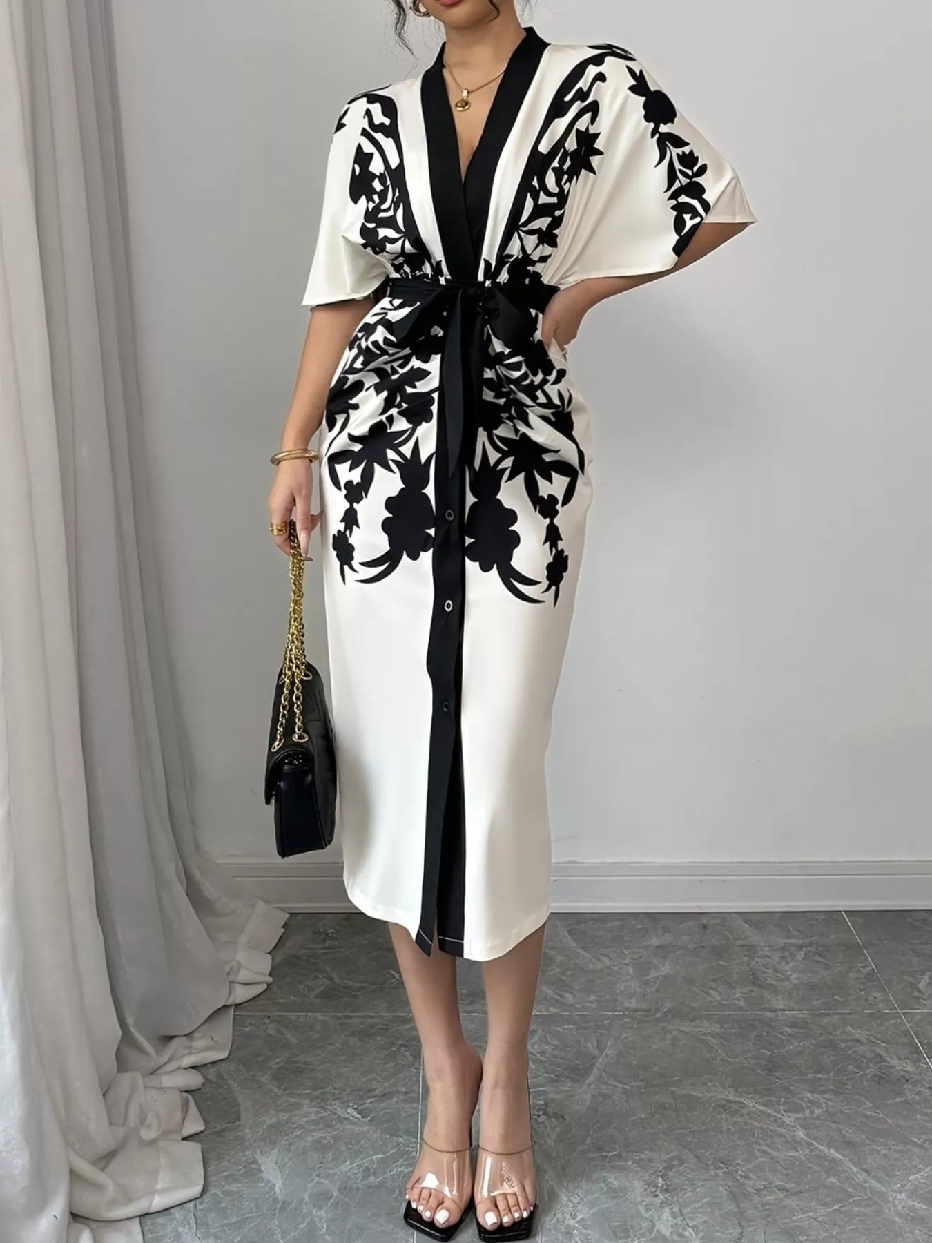 Button Front Half Sleeve Dress - Lara Moda