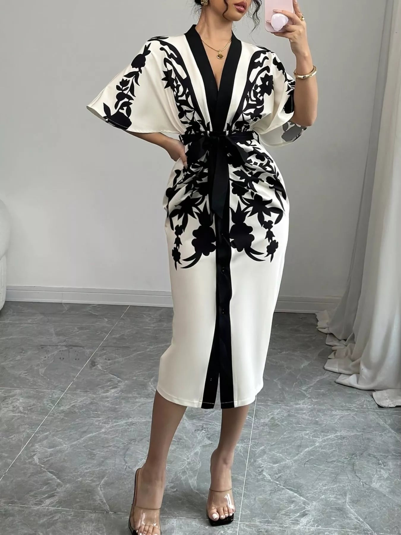Button Front Half Sleeve Dress - Lara Moda