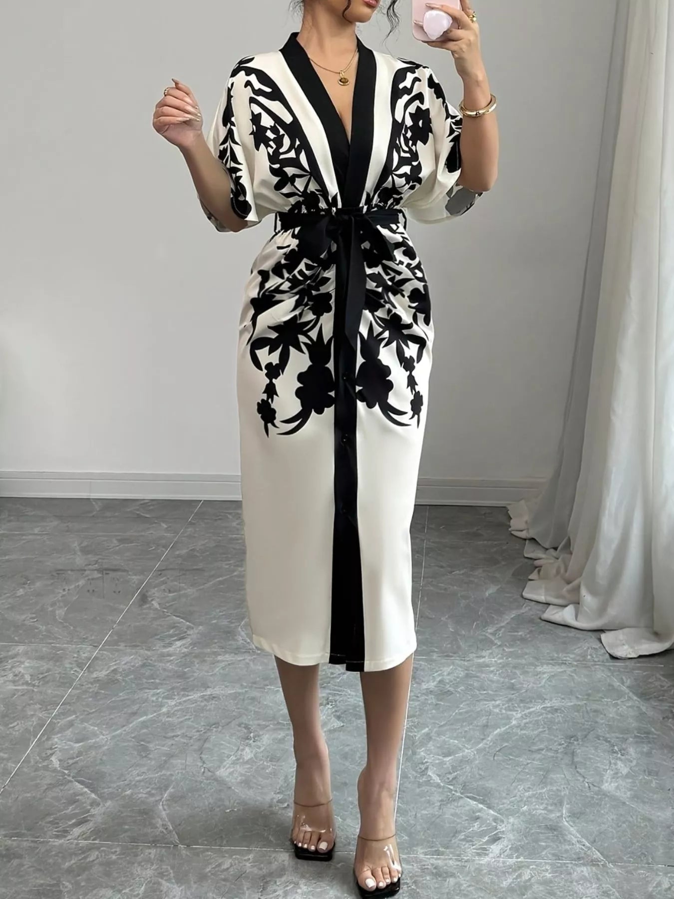 Button Front Half Sleeve Dress - Lara Moda