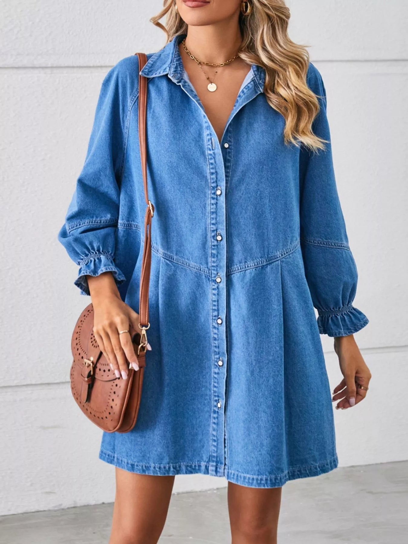 Button-Front Ruffle Cuff Denim Dress - Lara Moda