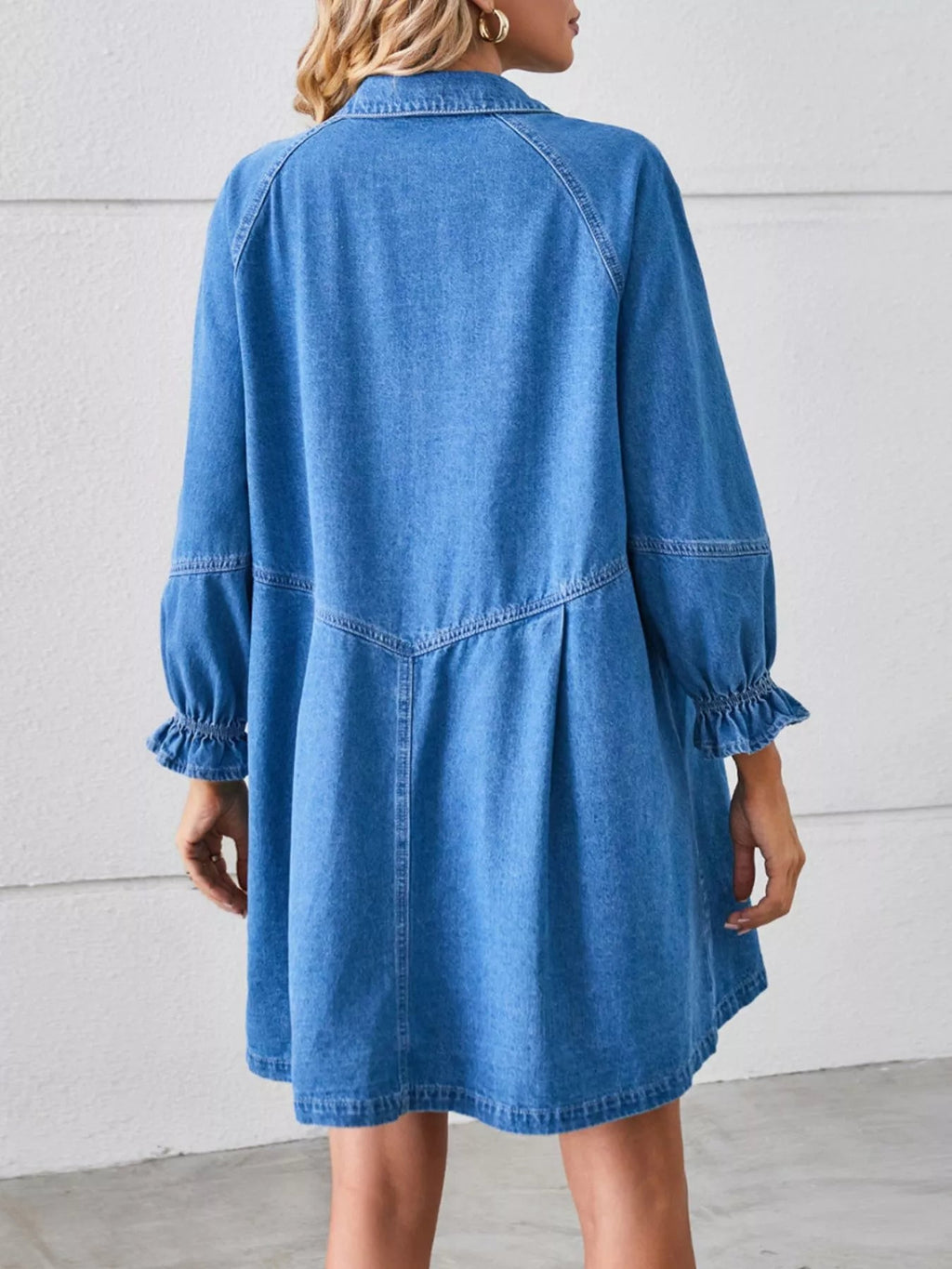 Button-Front Ruffle Cuff Denim Dress - Lara Moda