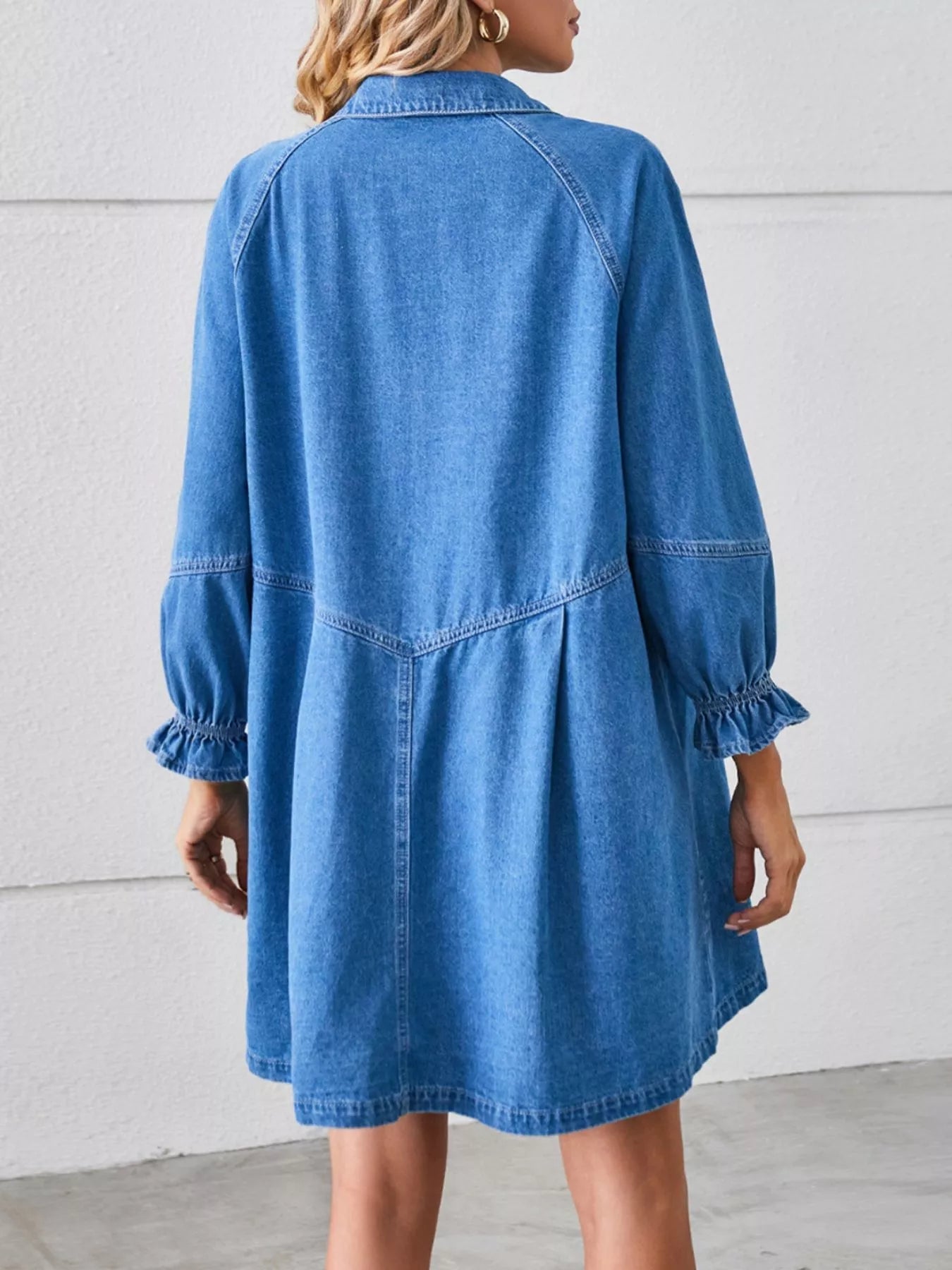 Button-Front Ruffle Cuff Denim Dress - Lara Moda