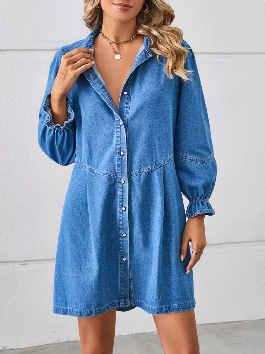 Button-Front Ruffle Cuff Denim Dress - Lara Moda