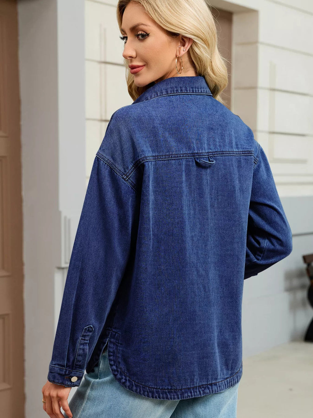 Button Up Dropped Shoulder Denim Jacket - Lara Moda