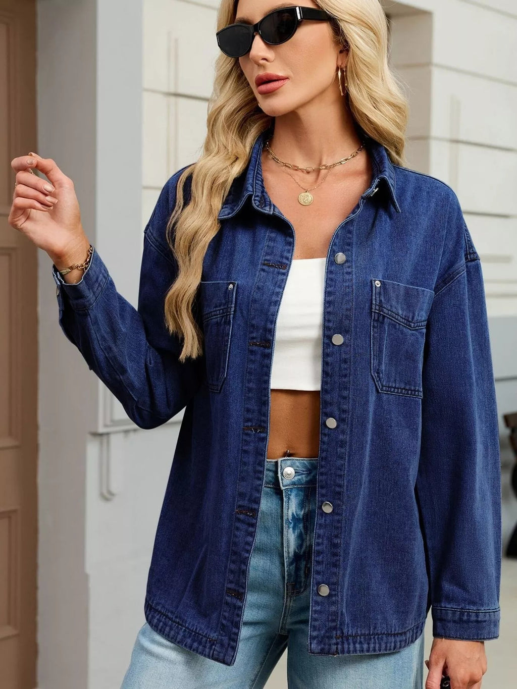 Button Up Dropped Shoulder Denim Jacket - Lara Moda