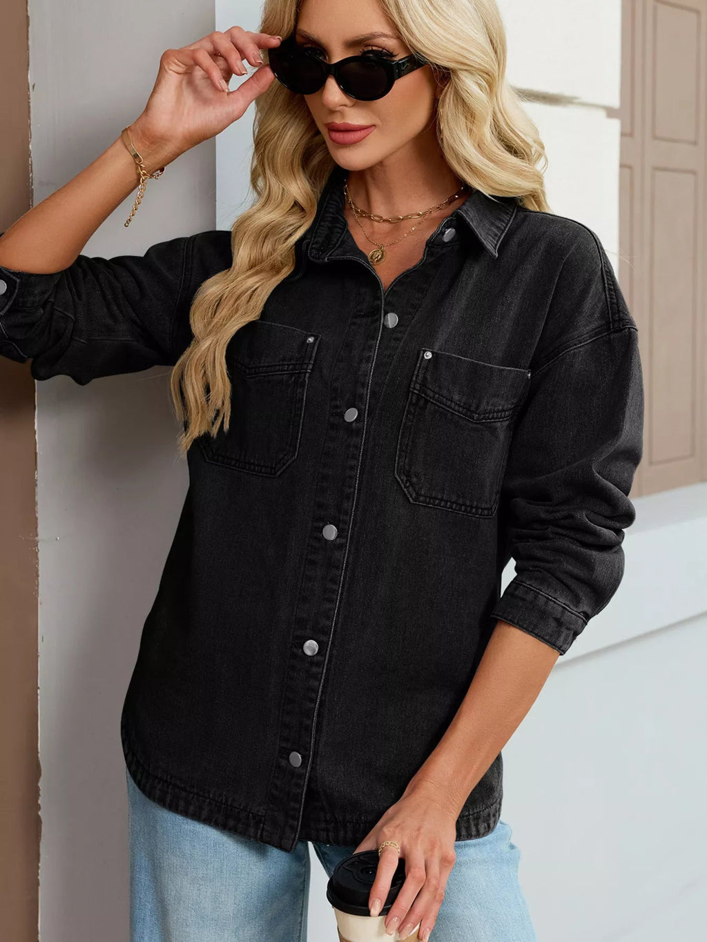 Button Up Dropped Shoulder Denim Jacket - Lara Moda