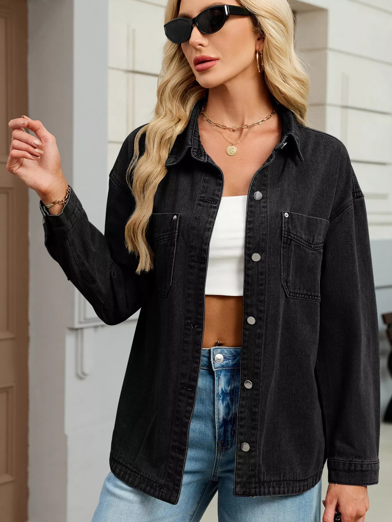 Button Up Dropped Shoulder Denim Jacket - Lara Moda