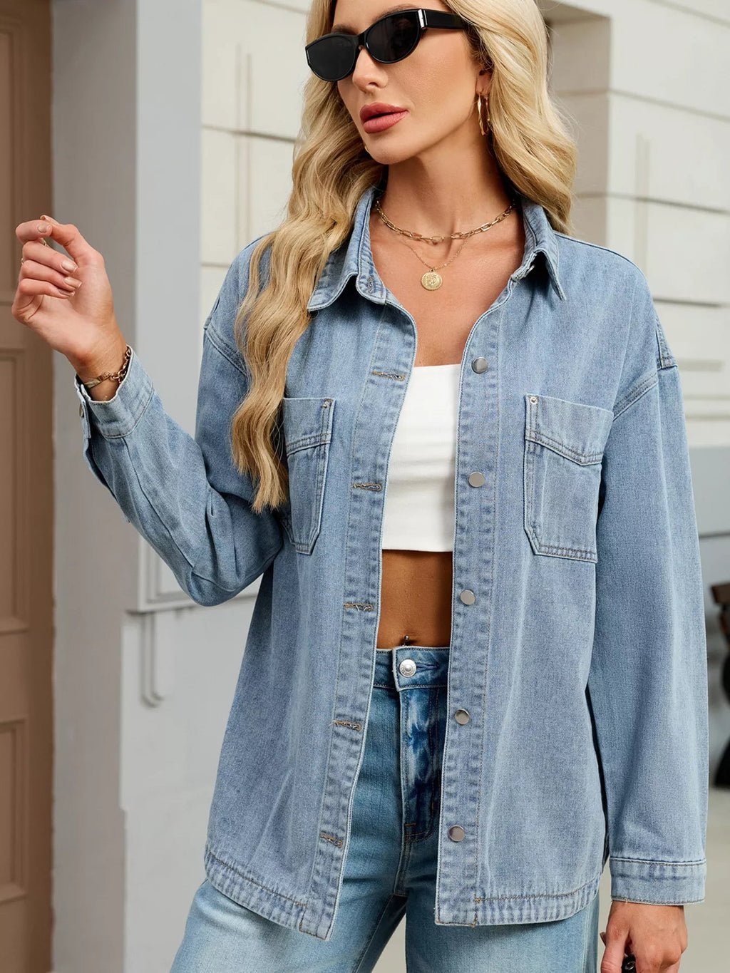 Button Up Dropped Shoulder Denim Jacket - Lara Moda