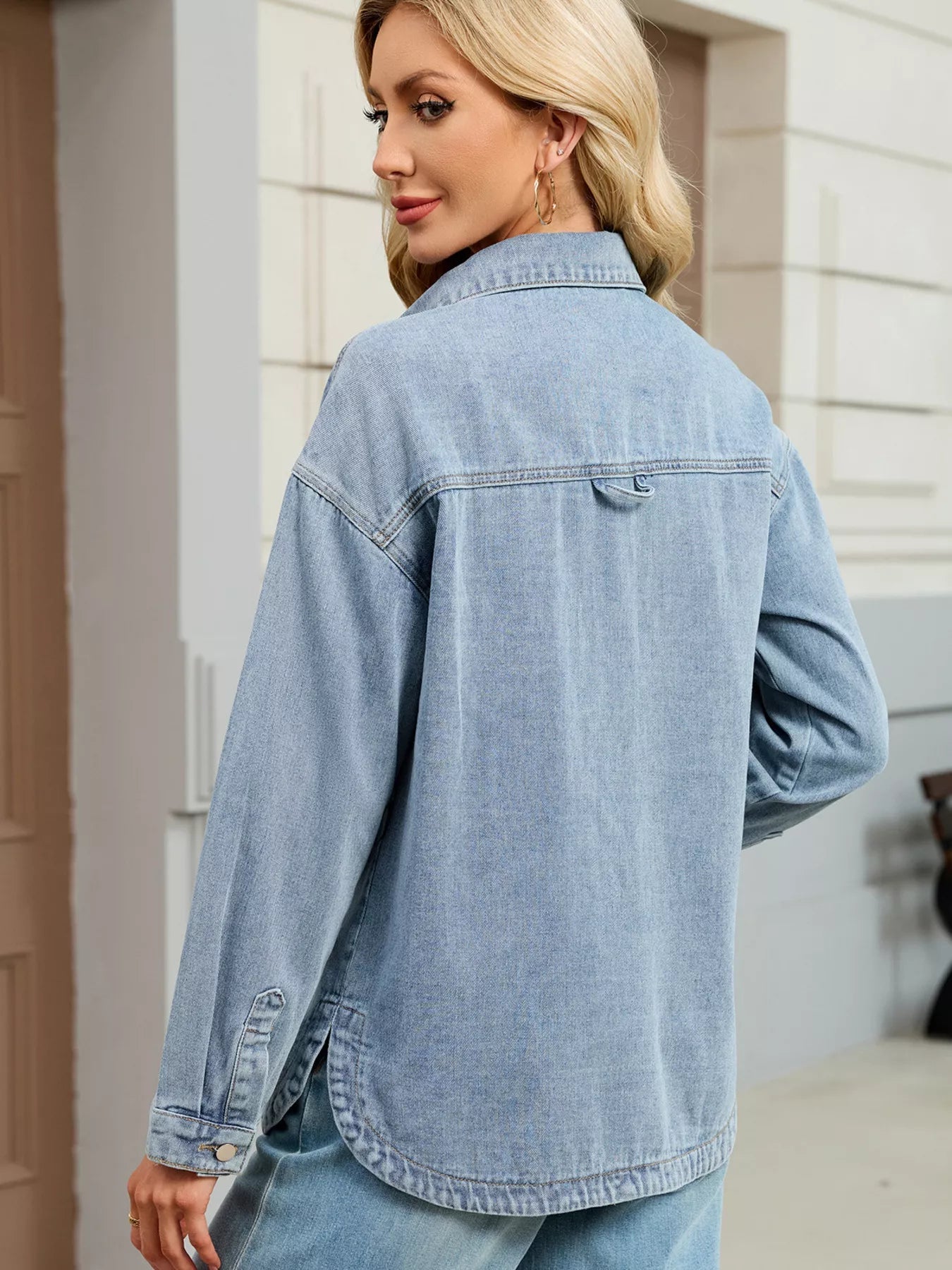 Button Up Dropped Shoulder Denim Jacket - Lara Moda