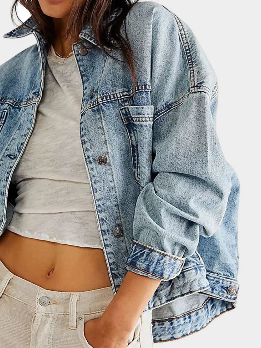 Button Up Long Sleeve Denim Jacket - Lara Moda