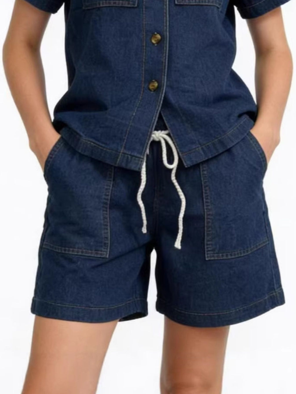 Button Up Short Sleeve Top and Shorts Denim Set - Lara Moda