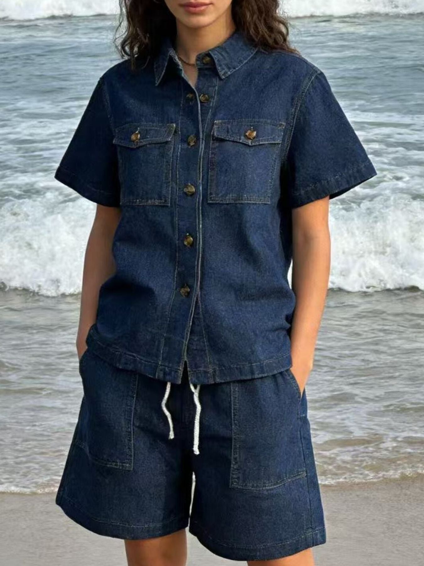 Button Up Short Sleeve Top and Shorts Denim Set - Lara Moda