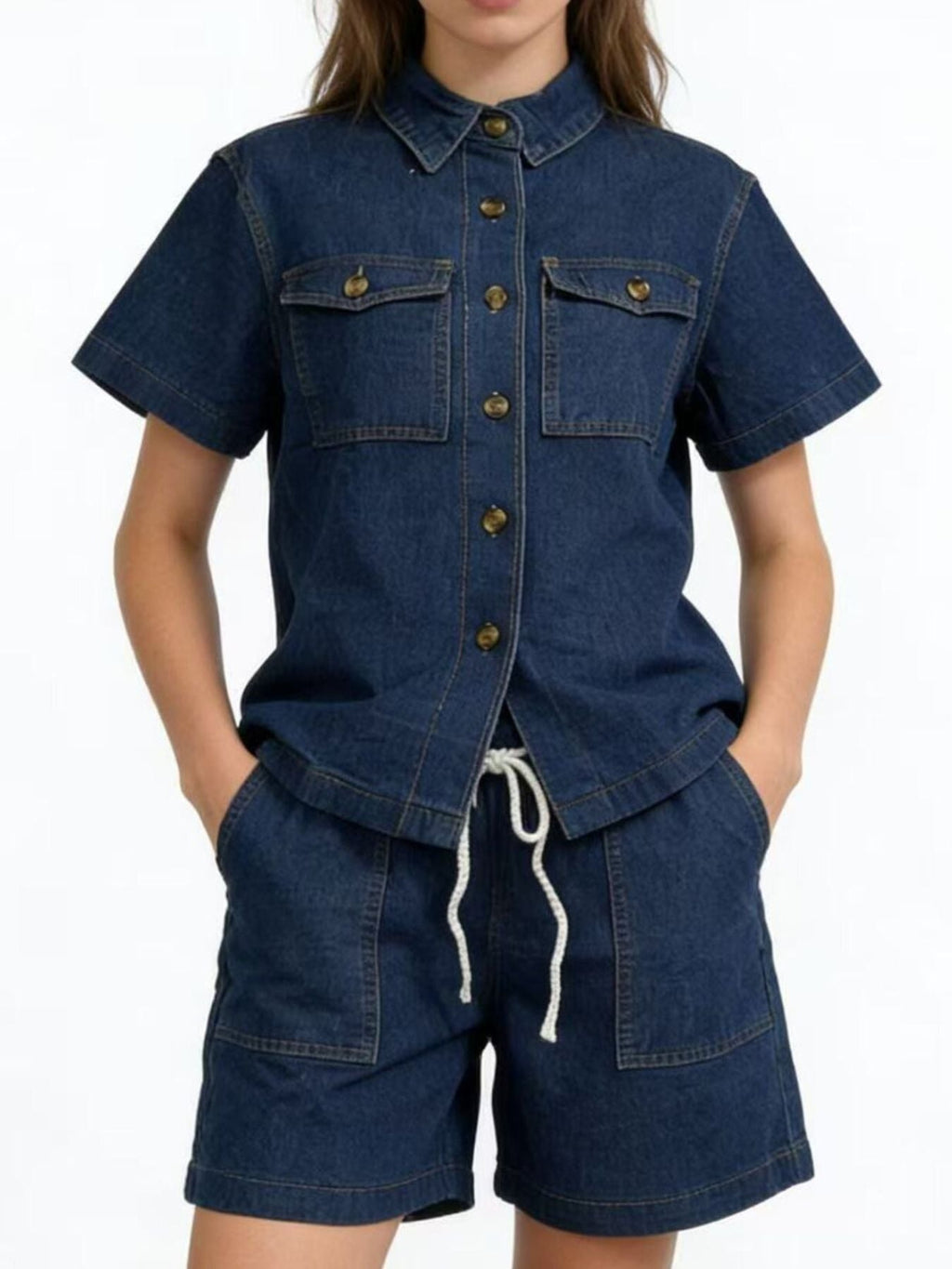 Button Up Short Sleeve Top and Shorts Denim Set - Lara Moda