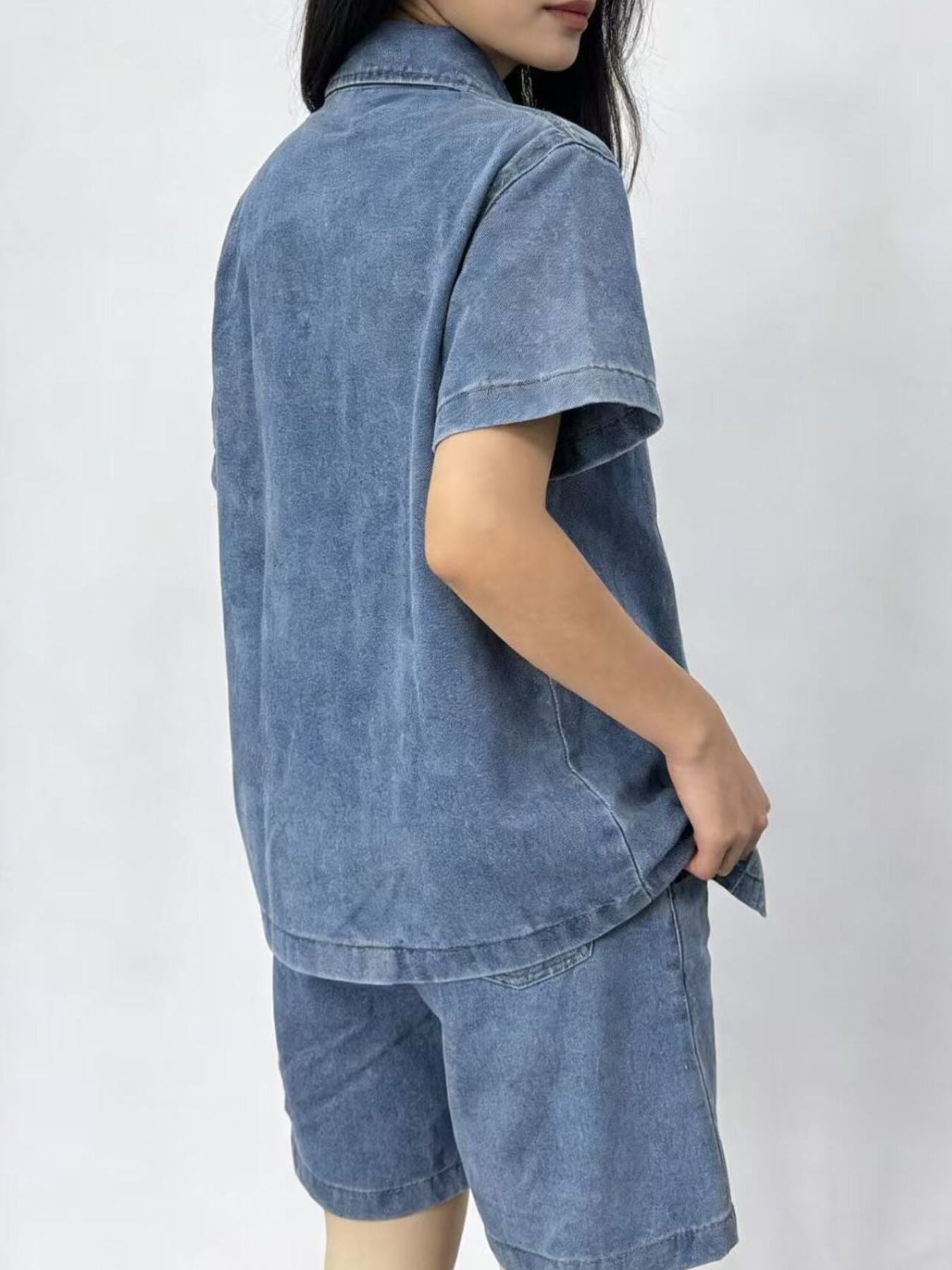 Button Up Short Sleeve Top and Shorts Denim Set - Lara Moda