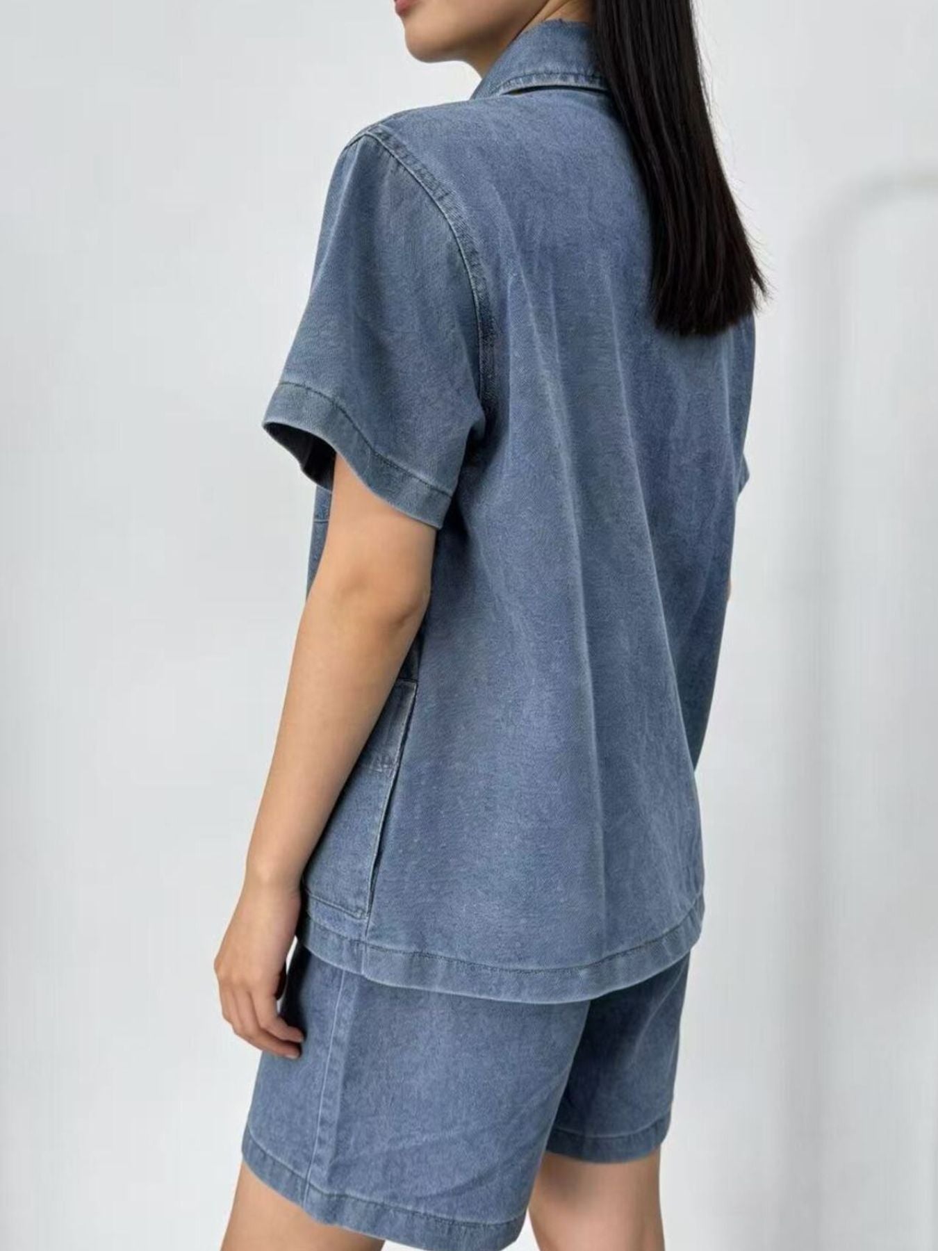 Button Up Short Sleeve Top and Shorts Denim Set - Lara Moda
