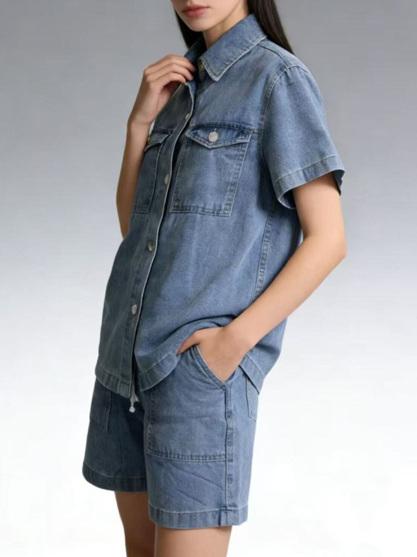 Button Up Short Sleeve Top and Shorts Denim Set - Lara Moda