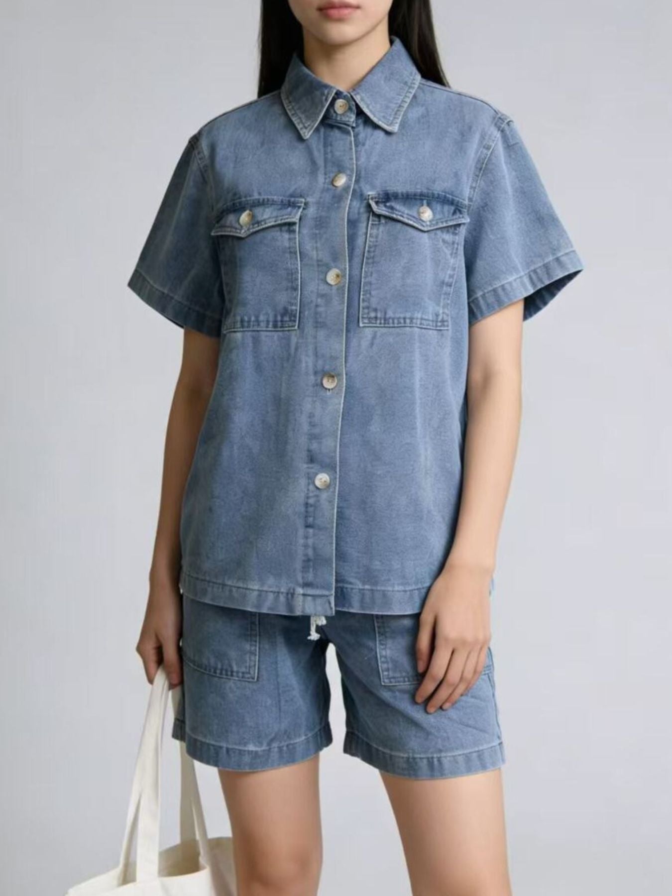 Button Up Short Sleeve Top and Shorts Denim Set - Lara Moda