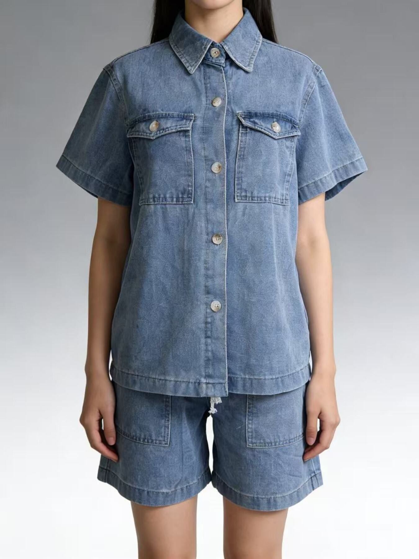 Button Up Short Sleeve Top and Shorts Denim Set - Lara Moda