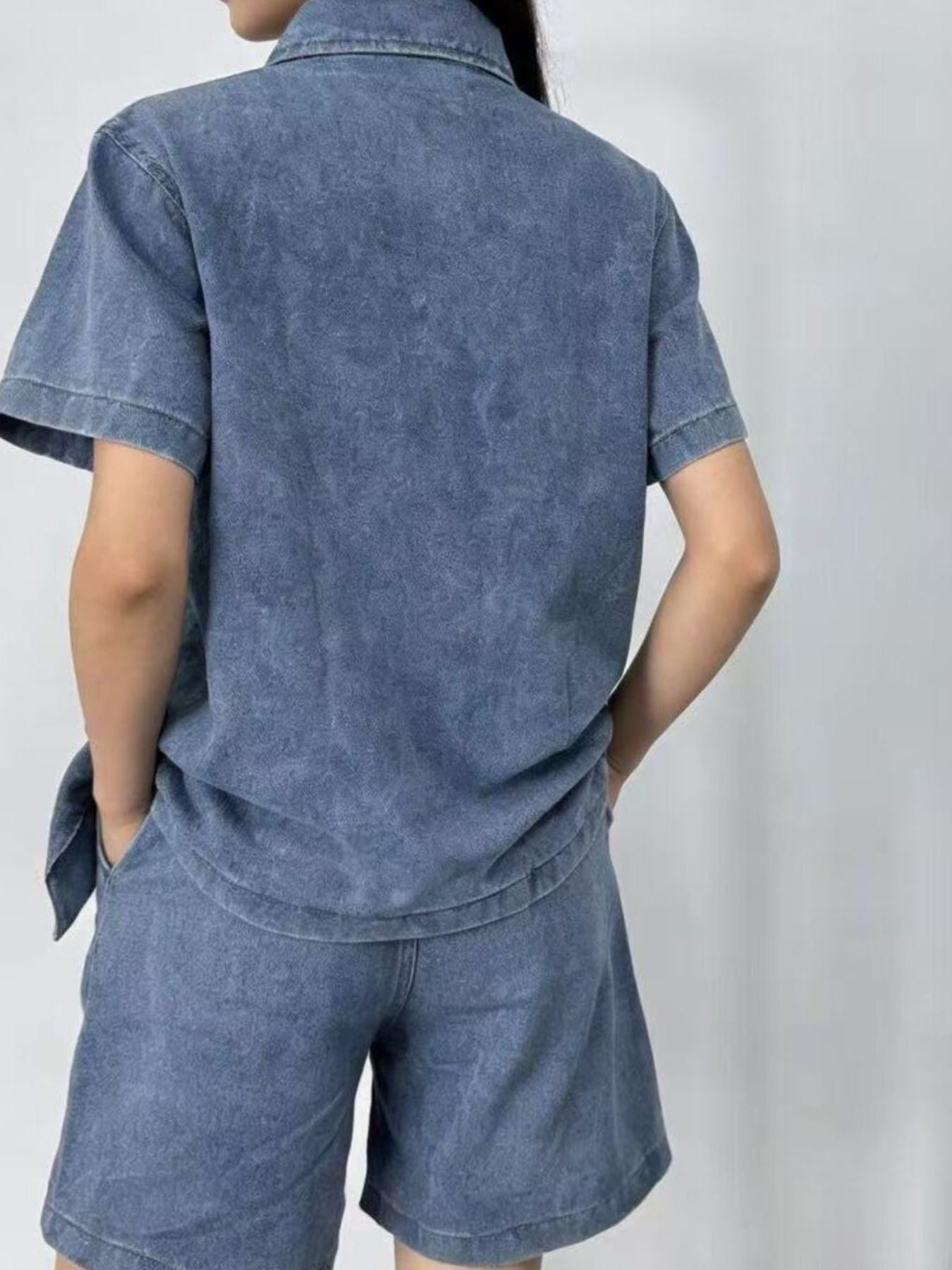 Button Up Short Sleeve Top and Shorts Denim Set - Lara Moda