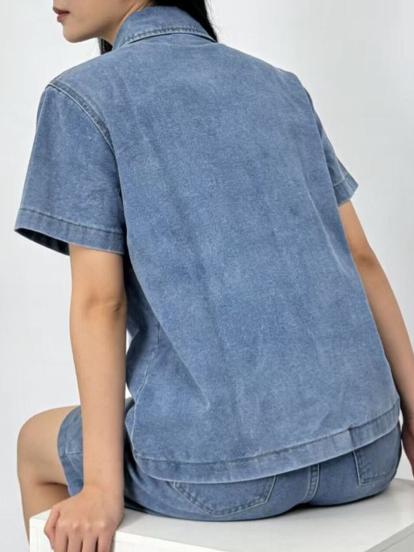 Button Up Short Sleeve Top and Shorts Denim Set - Lara Moda