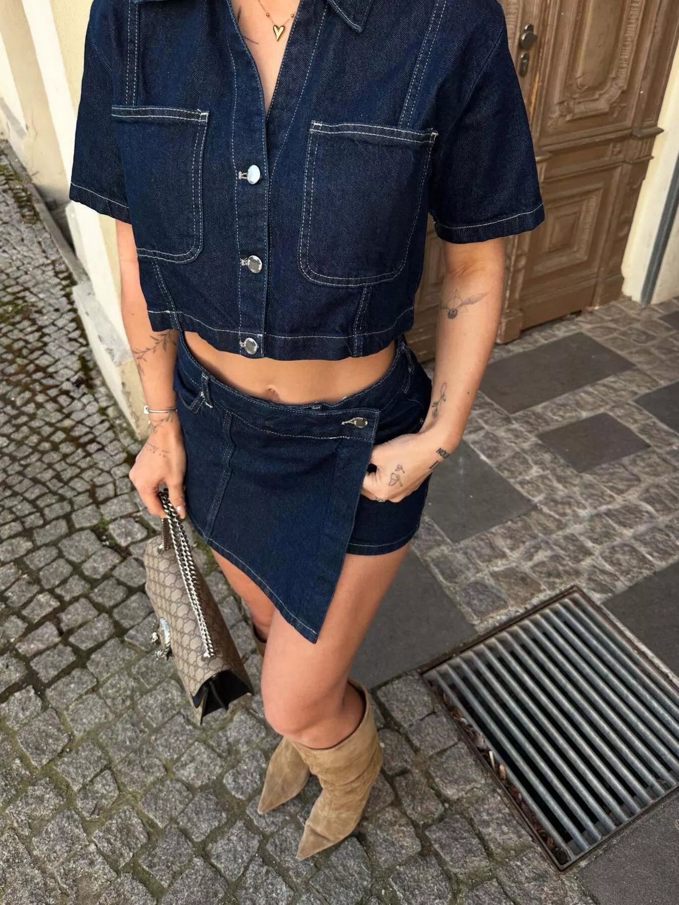 Button Up Short Sleeve Top and Skort Denim Set - Lara Moda