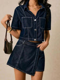 Button Up Short Sleeve Top and Skort Denim Set - Lara Moda