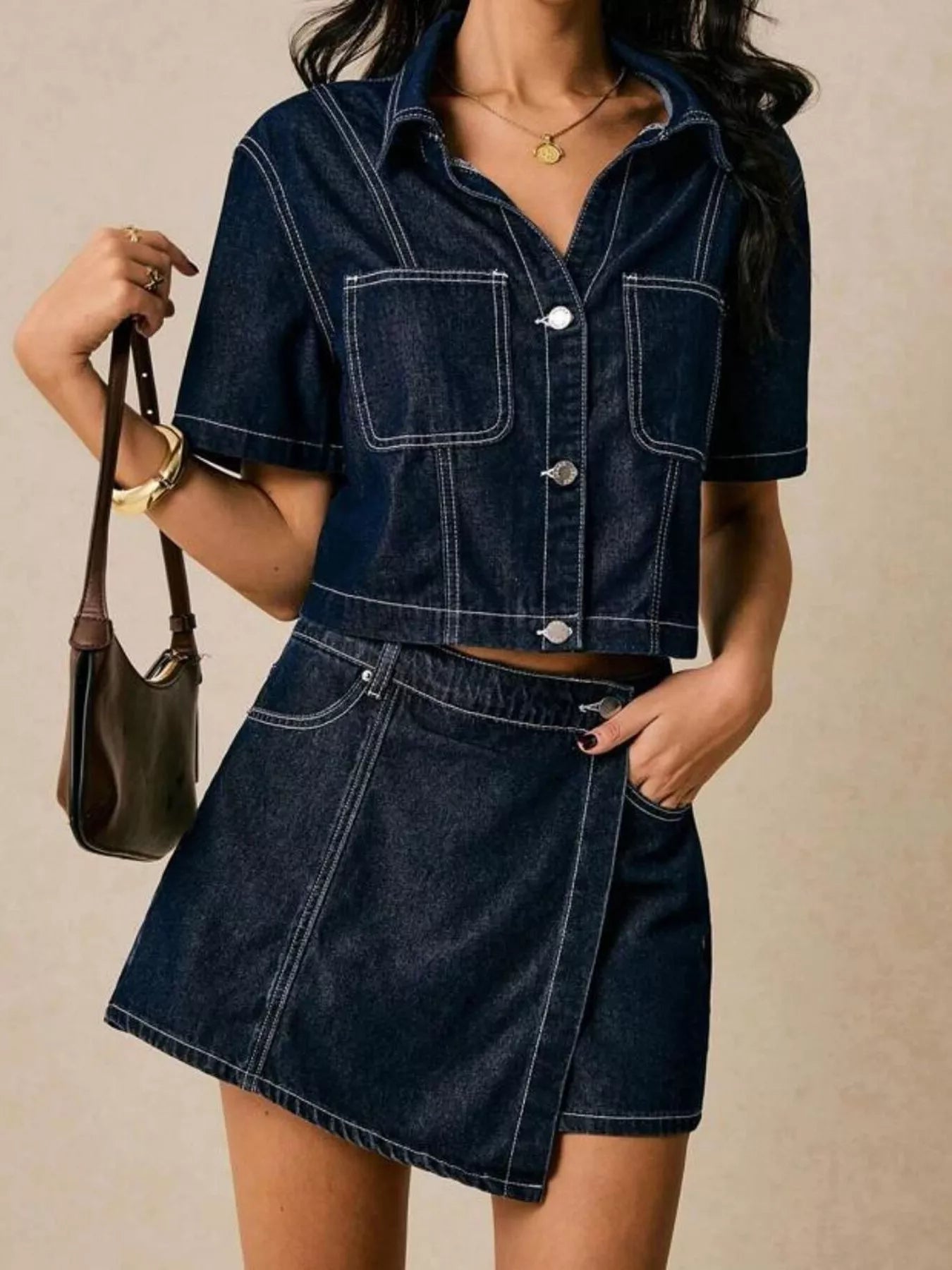 Button Up Short Sleeve Top and Skort Denim Set - Lara Moda