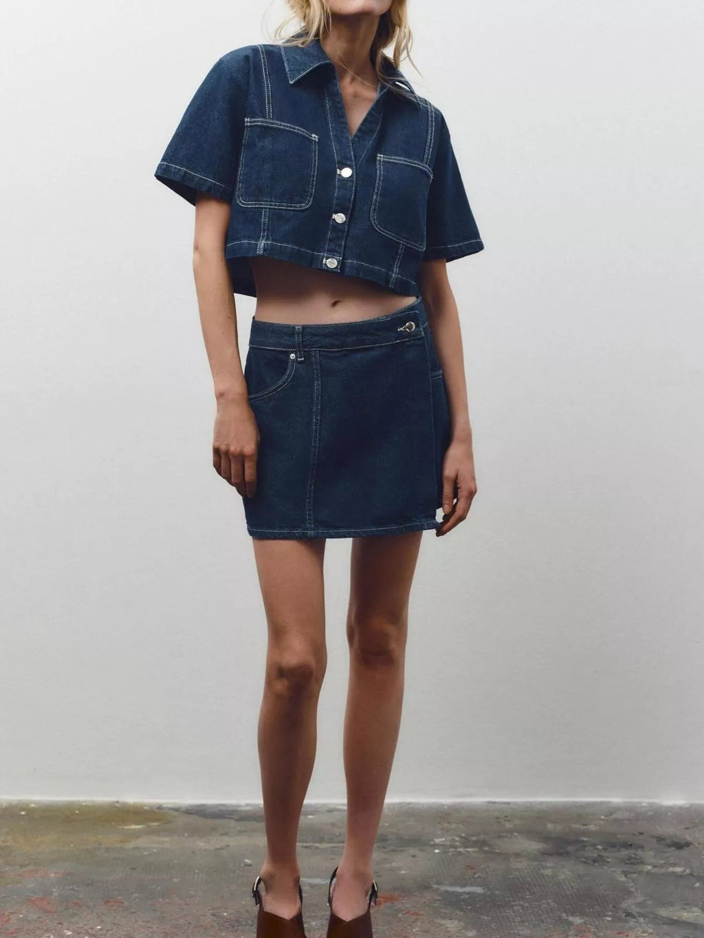 Button Up Short Sleeve Top and Skort Denim Set - Lara Moda