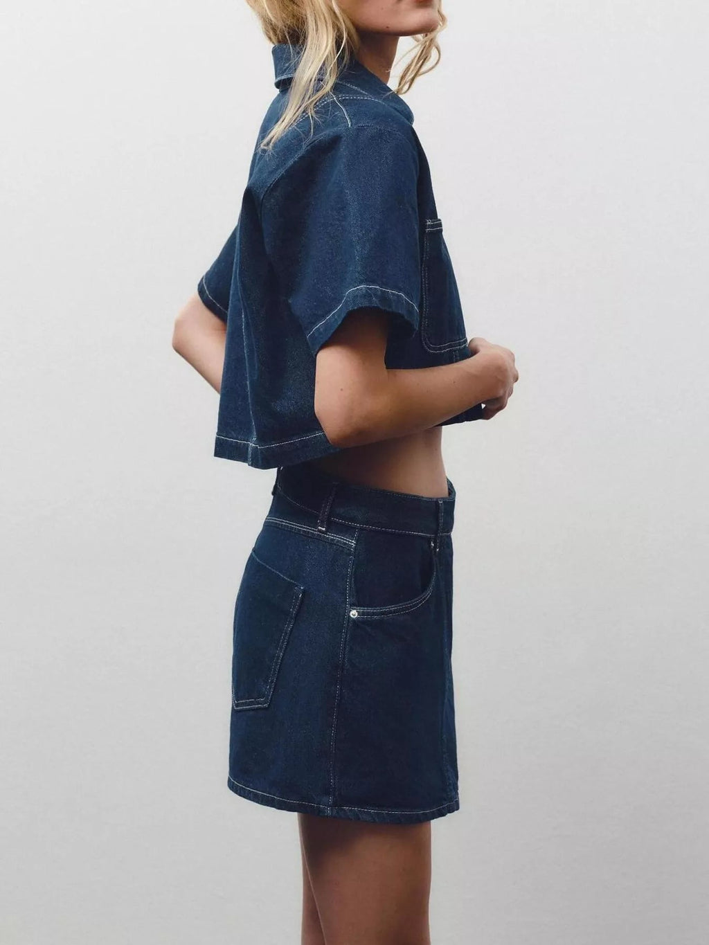 Button Up Short Sleeve Top and Skort Denim Set - Lara Moda