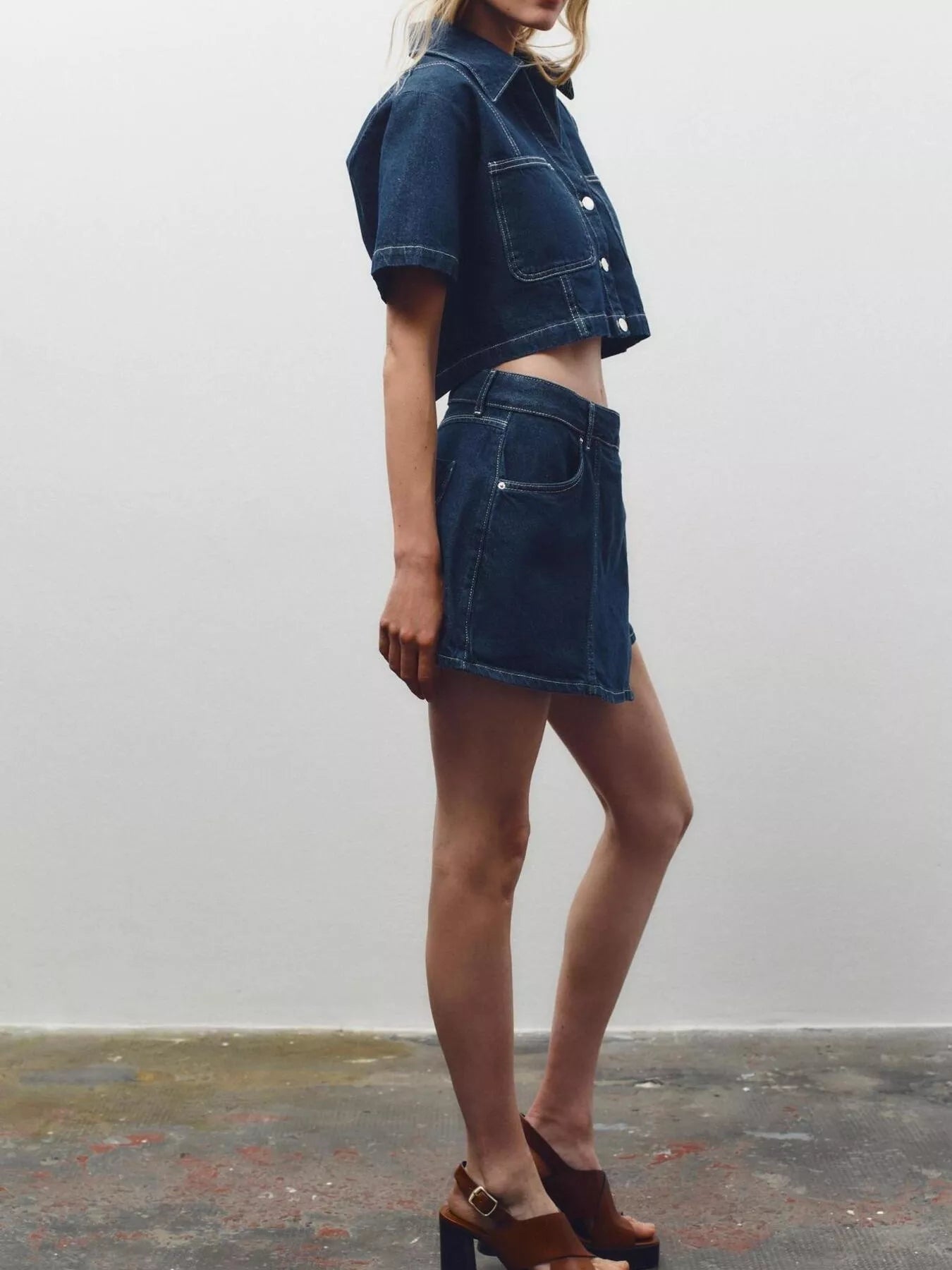 Button Up Short Sleeve Top and Skort Denim Set - Lara Moda