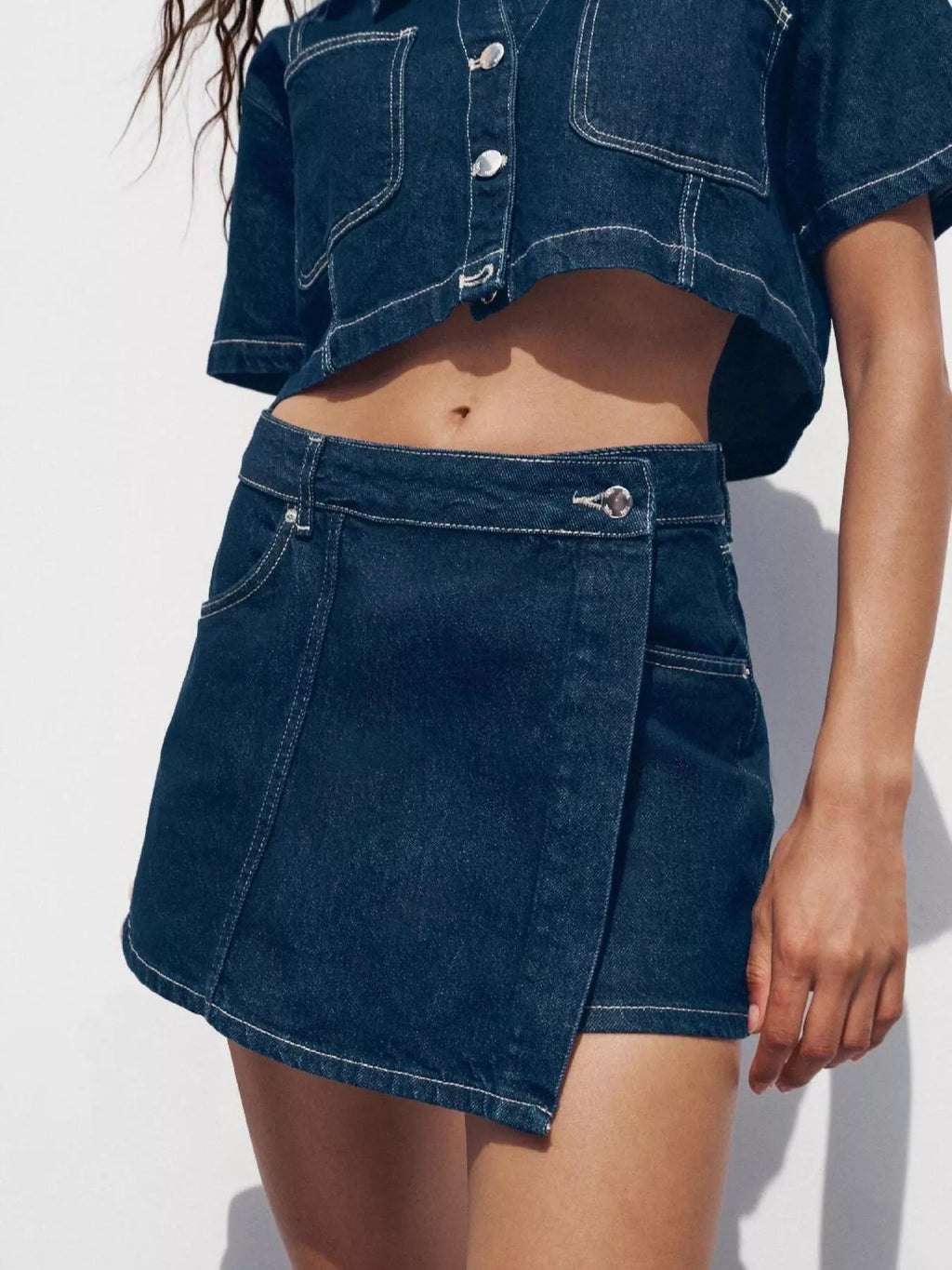 Button Up Short Sleeve Top and Skort Denim Set - Lara Moda