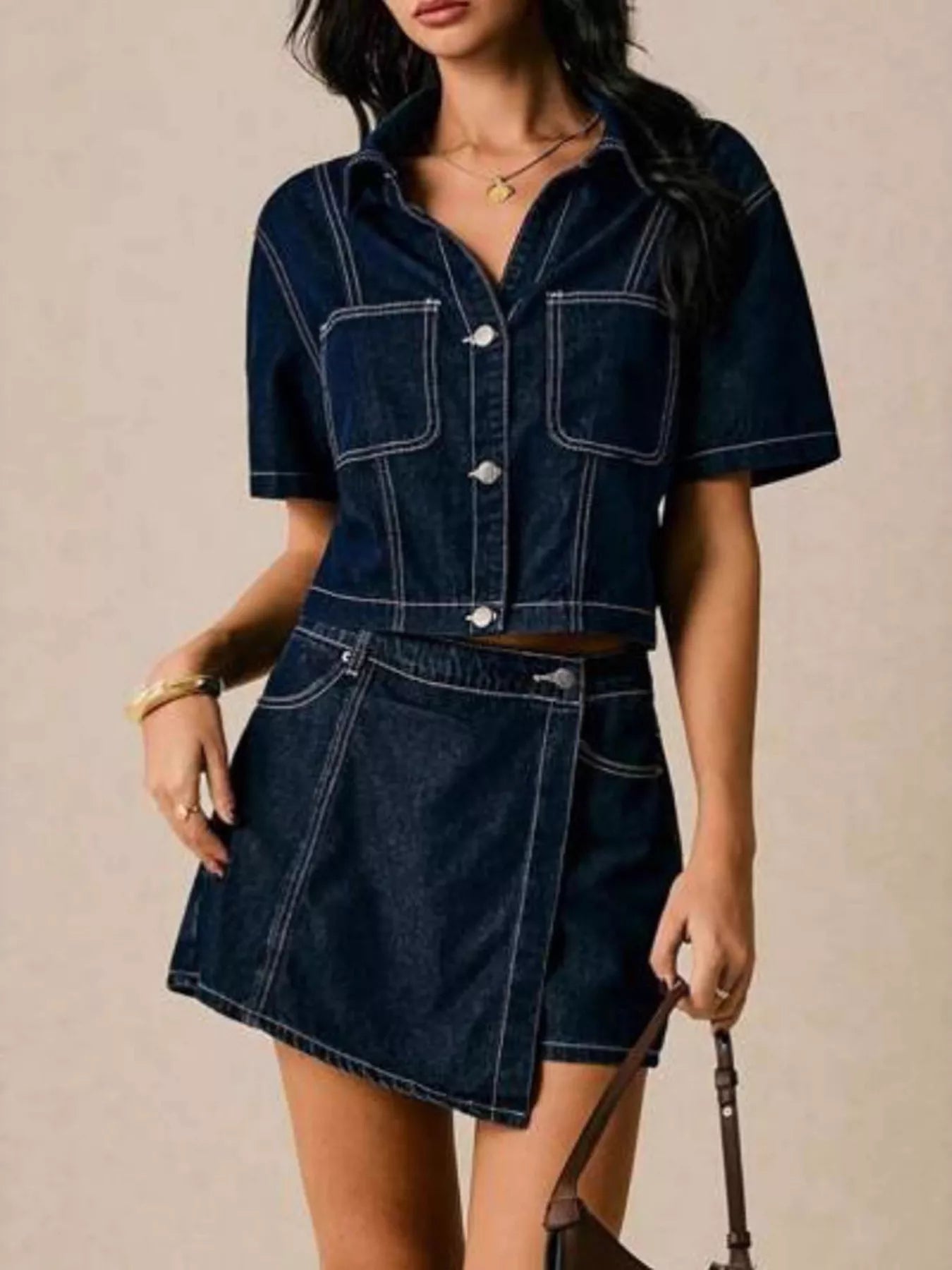 Button Up Short Sleeve Top and Skort Denim Set - Lara Moda