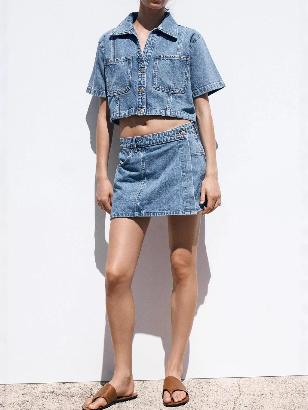 Button Up Short Sleeve Top and Skort Denim Set - Lara Moda