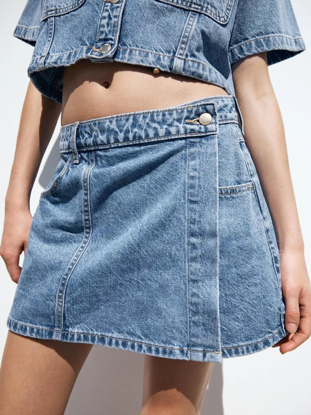 Button Up Short Sleeve Top and Skort Denim Set - Lara Moda