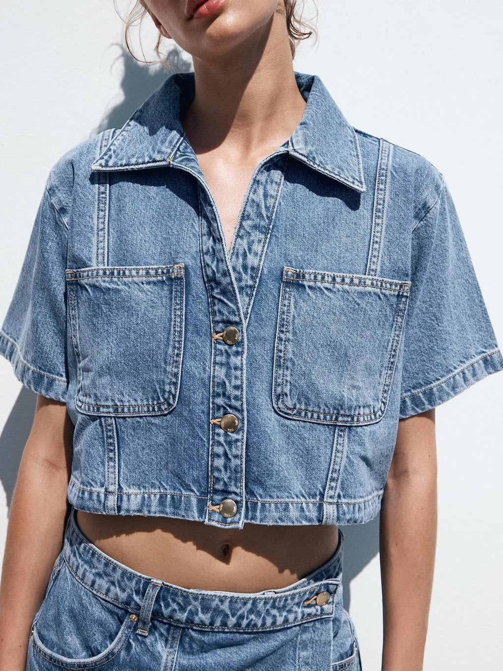 Button Up Short Sleeve Top and Skort Denim Set - Lara Moda