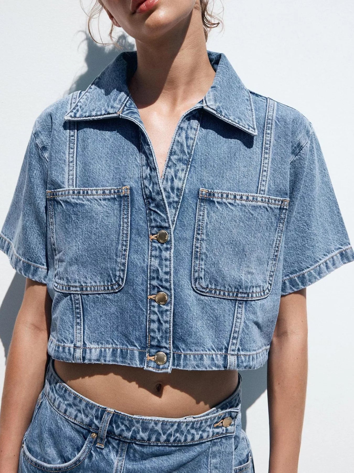 Button Up Short Sleeve Top and Skort Denim Set - Lara Moda