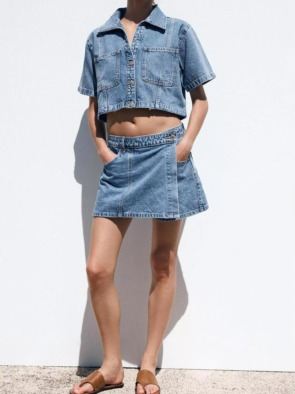 Button Up Short Sleeve Top and Skort Denim Set - Lara Moda