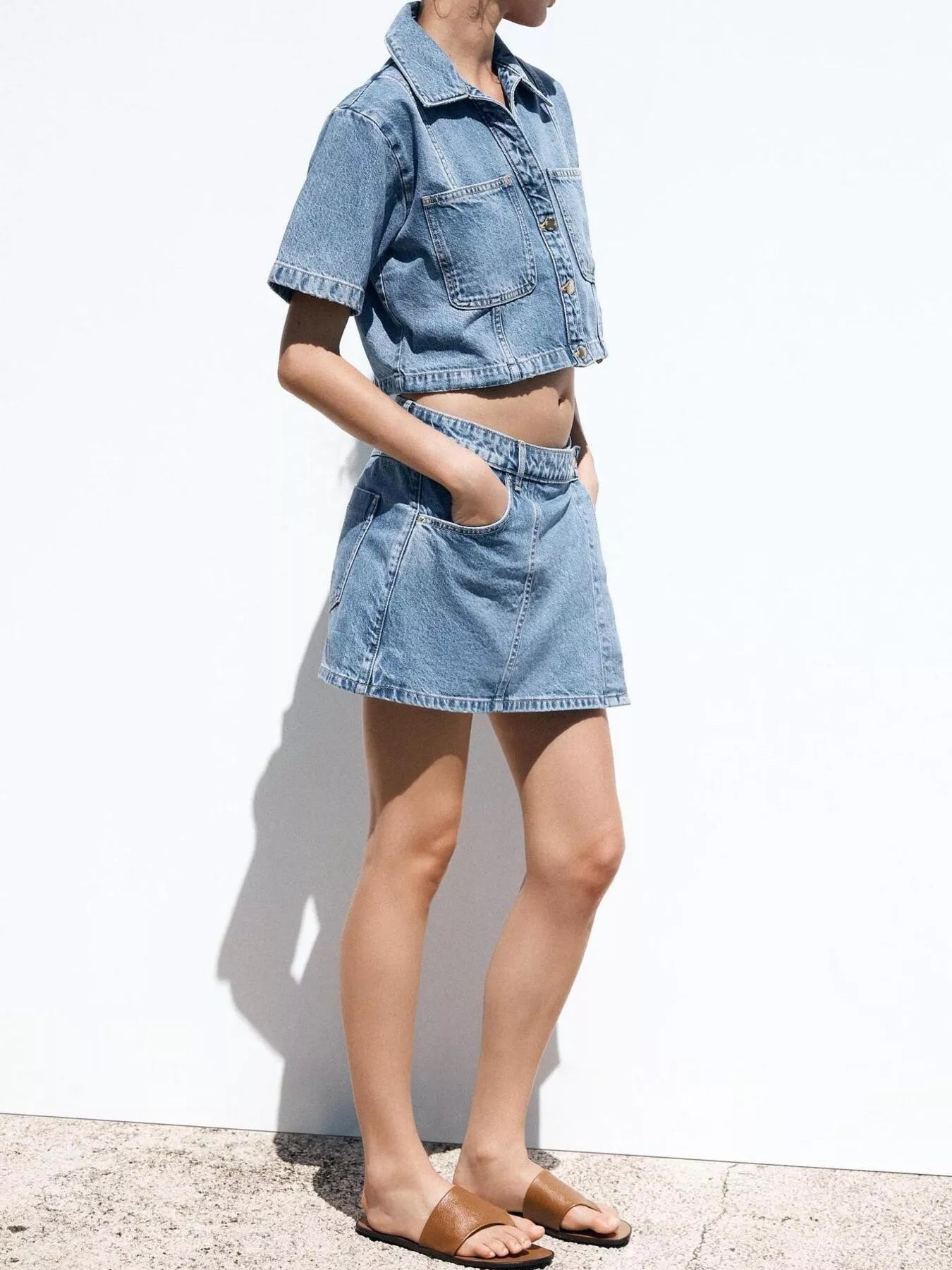 Button Up Short Sleeve Top and Skort Denim Set - Lara Moda