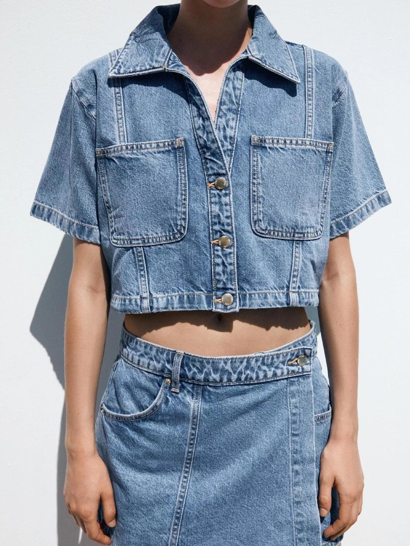 Button Up Short Sleeve Top and Skort Denim Set - Lara Moda