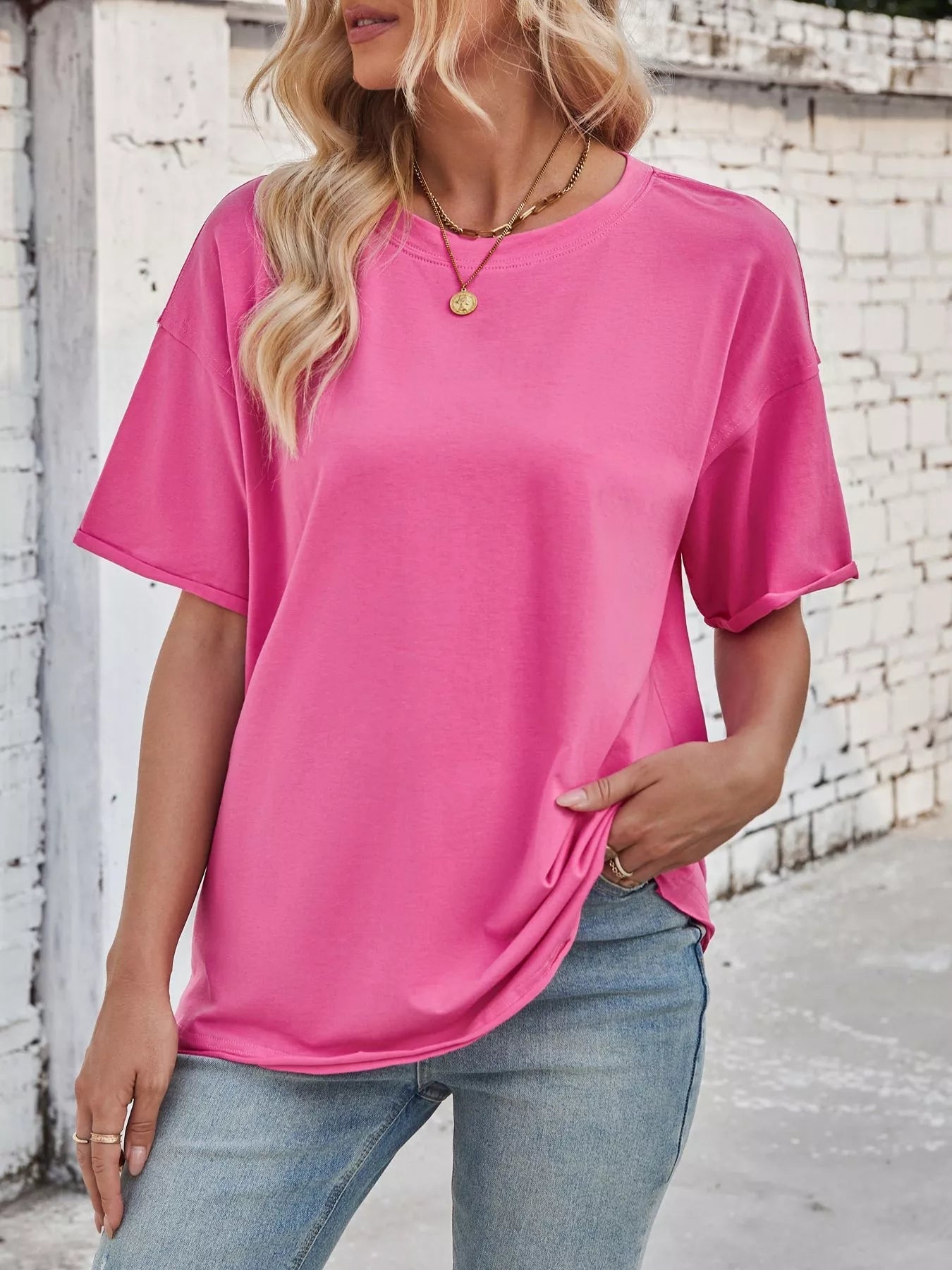Casual Loose Fit Solid Color T-Shirt - Lara Moda