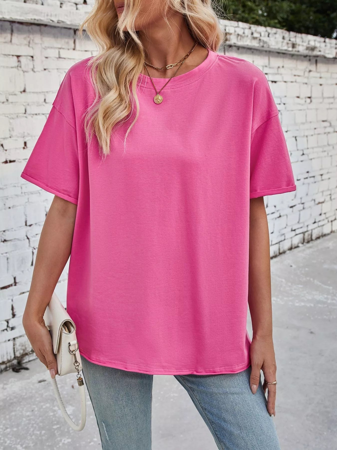 Casual Loose Fit Solid Color T-Shirt - Lara Moda