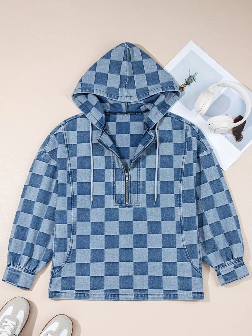 Checkered Half Zip Denim Hoodie Top - Lara Moda