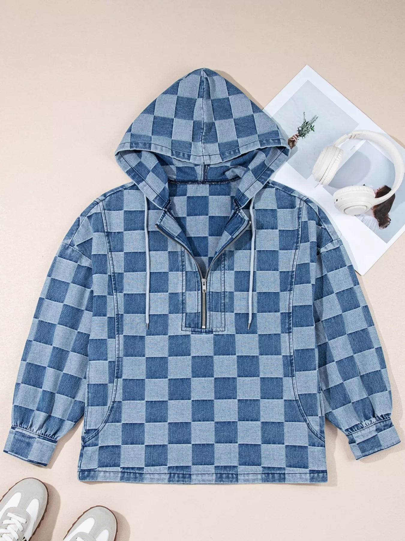 Checkered Half Zip Denim Hoodie Top - Lara Moda