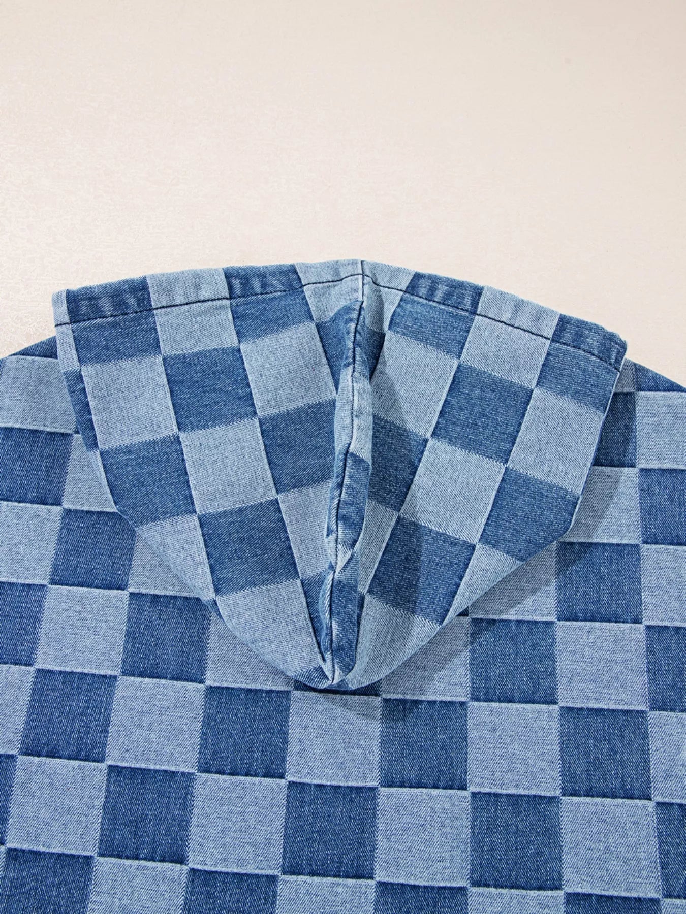 Checkered Half Zip Denim Hoodie Top - Lara Moda