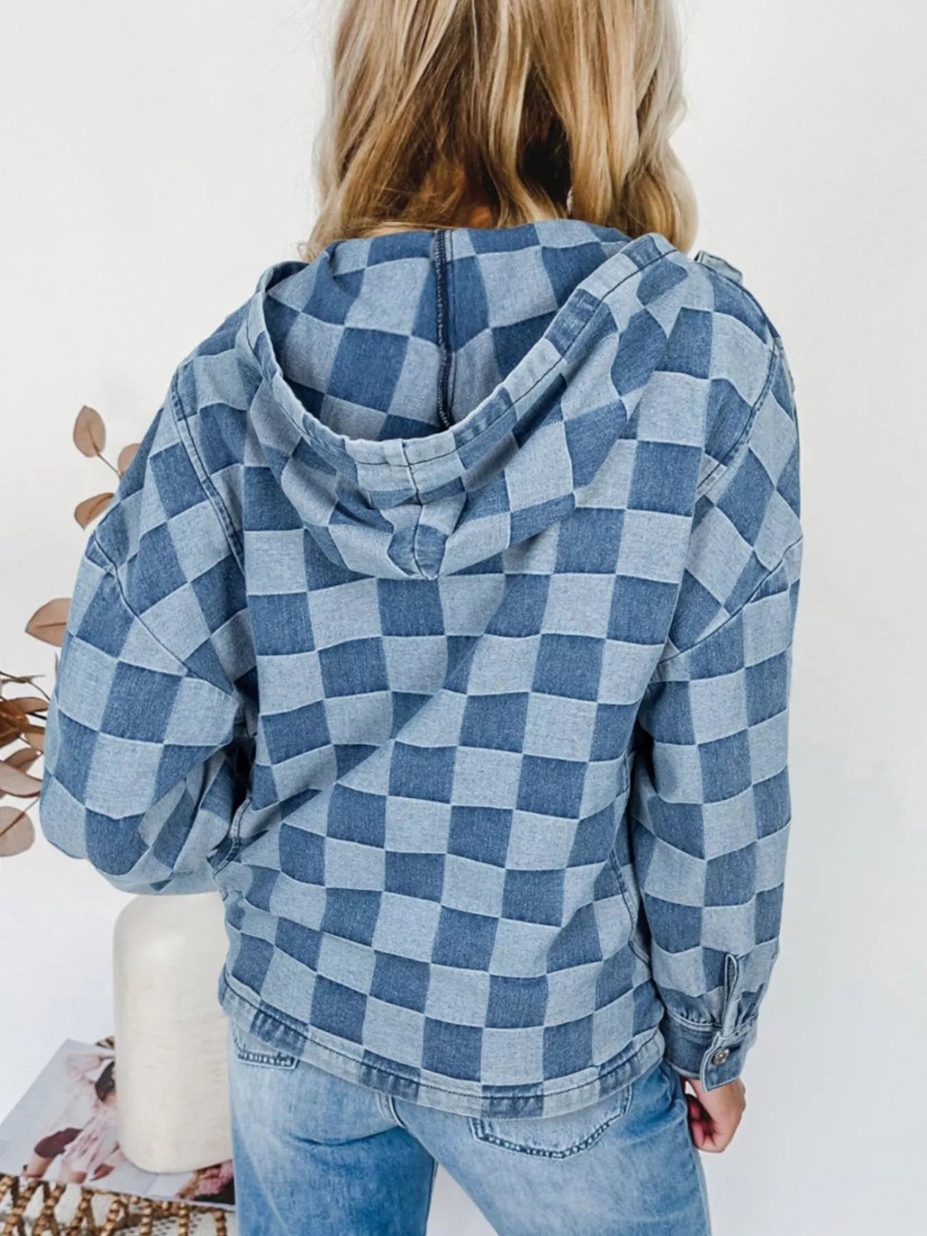 Checkered Half Zip Denim Hoodie Top - Lara Moda