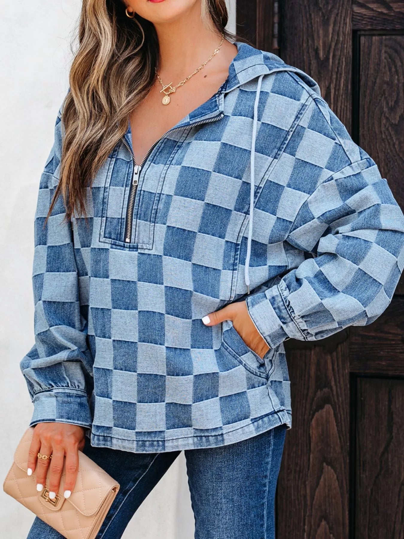 Checkered Half Zip Denim Hoodie Top - Lara Moda