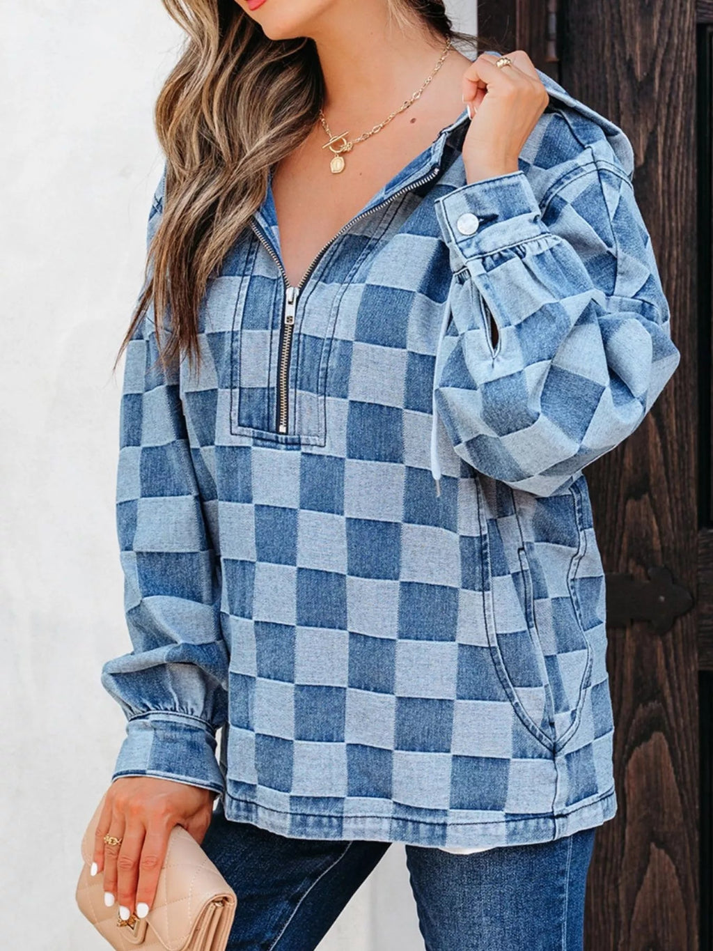Checkered Half Zip Denim Hoodie Top - Lara Moda